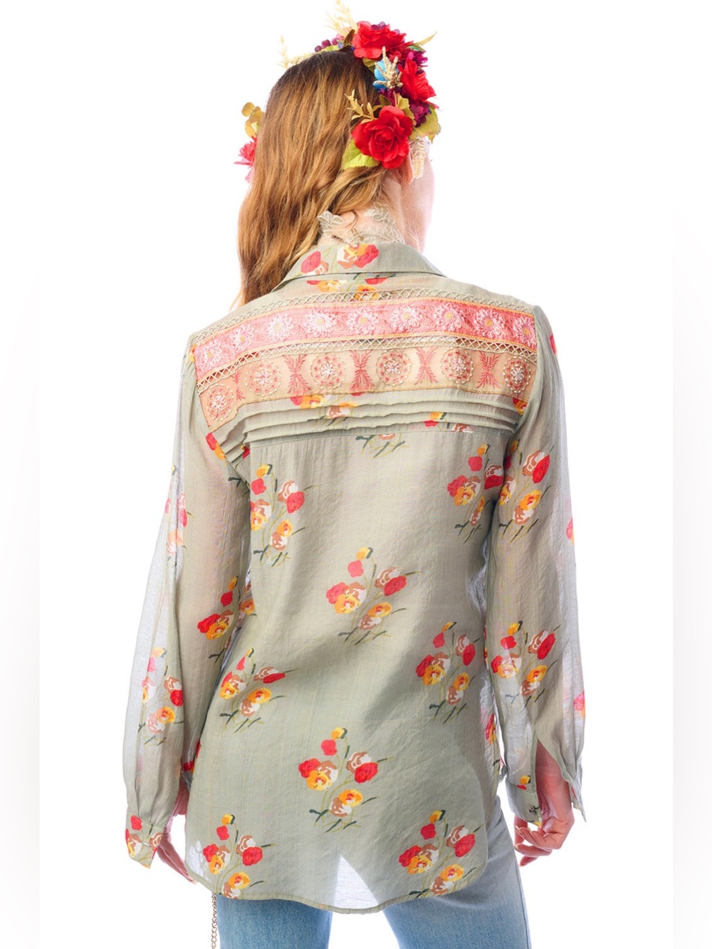 AR5 • Aratta Mia Grace Shirt Floral Embroidered Bohemian Button Down Light Olive - Picture 3 of 8
